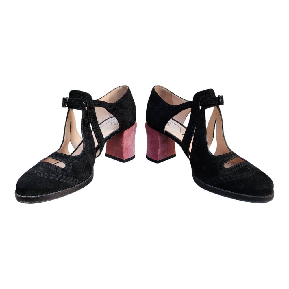 Fendi Mary Jane Cutout Suede & Velvet Block Heel Pumps Black Blossom Sz 38 / 7.5